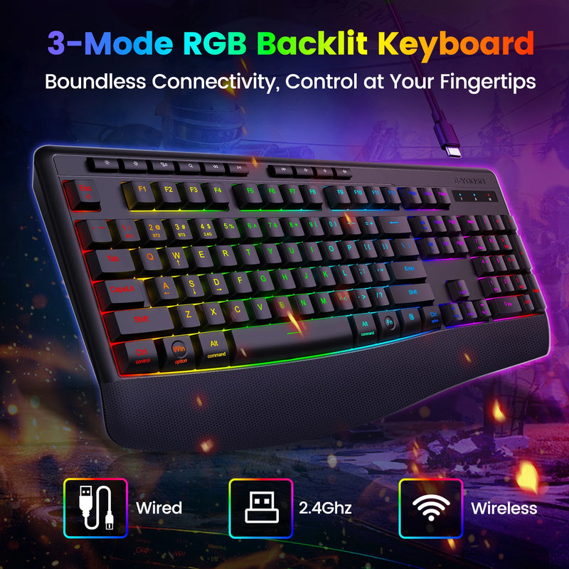 FocusOnPC K787 2.4G Tri-Mode Wireless Gaming Keyboard, 104 Keys RGB Backlit, Ergonomic USB-C Plug-and-Play Keyboard, 1900mAh Battery, Auto Sleep & Low Battery Alert, Silent Typing for Game