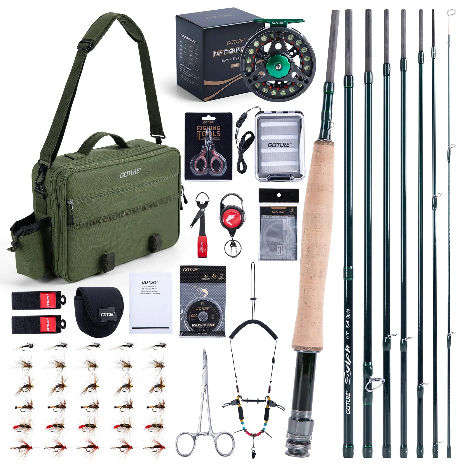 Goture Portable Complete Fly Fishing Rods Set 8-sections 9FT Fly Rod Reel Line Hooks Accessory Combo Full Fly Fising Rod Kit