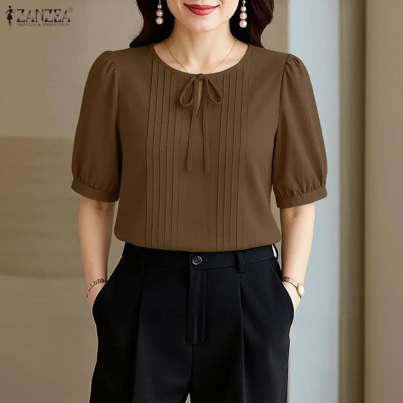 ZANZEA Elegant Solid Color Woman Blouses Lace Up O - Neck - View 6 | SAMAG