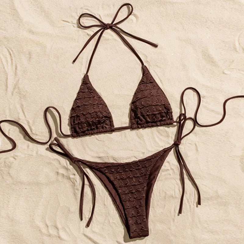 Sexy Coffee Wrinkled String Halter Bikinis Sets Two | SAMAG