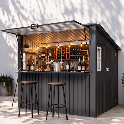 8x7 FT Outdoor Bar Shed with Canopy Black Sloped Roof | SAMAG