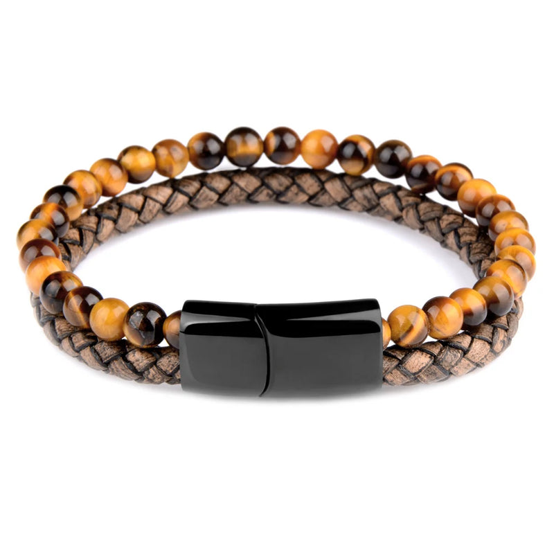 Natural Stone Bracelet Genuine Leather Braided Bracelets Black Stainless Steel Magnetic Clasp Tiger eye Bead Bangle Men Jewelry