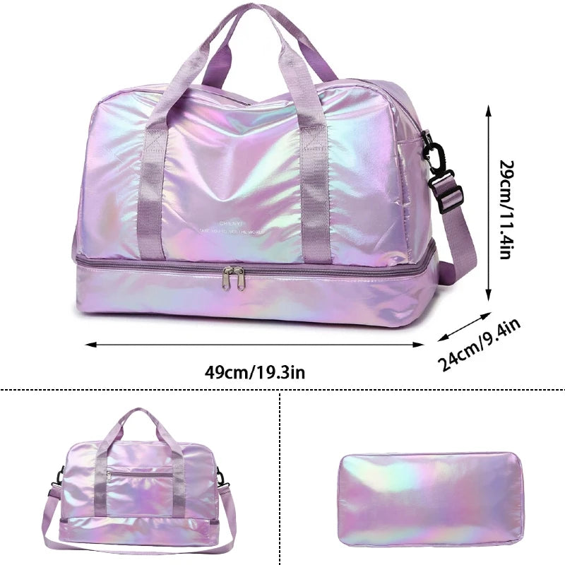 Large Capacity Holographic Travel Duffel Bag Lightweight Nylon Weekender Tote for Gym Sports Overnight Trips