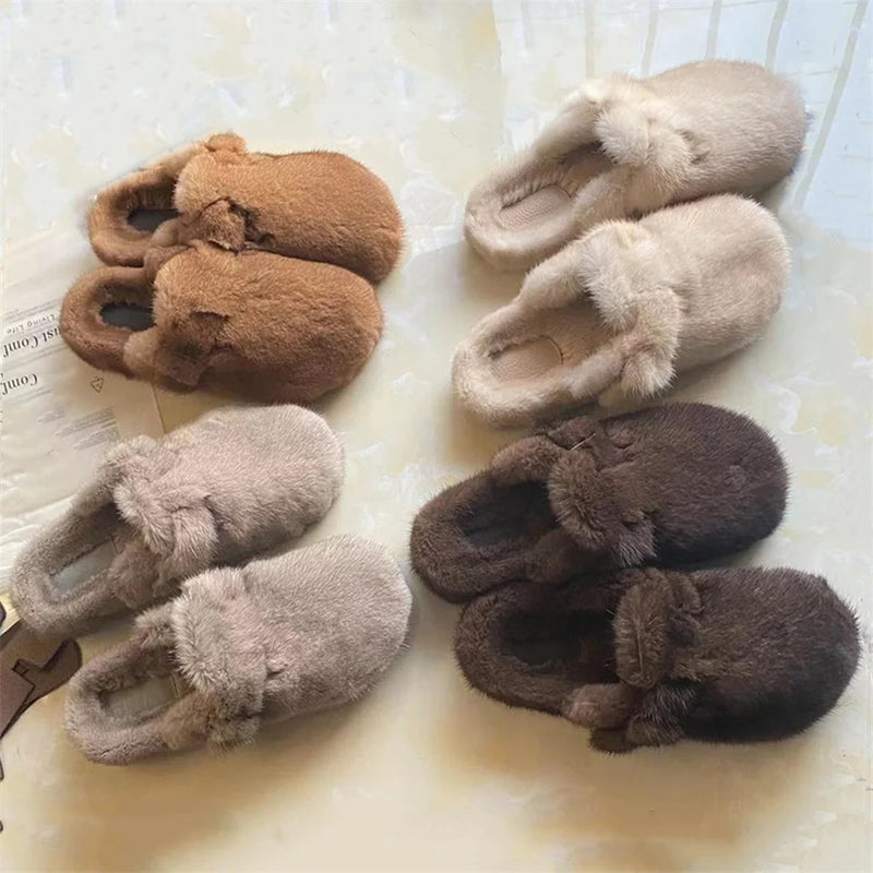 Mule Slippers Mink Fur Slides Comwarm Fashion Women Clogs Cork Insole Fur Slippers with Arch Support Outdoor Slides Home Shoes