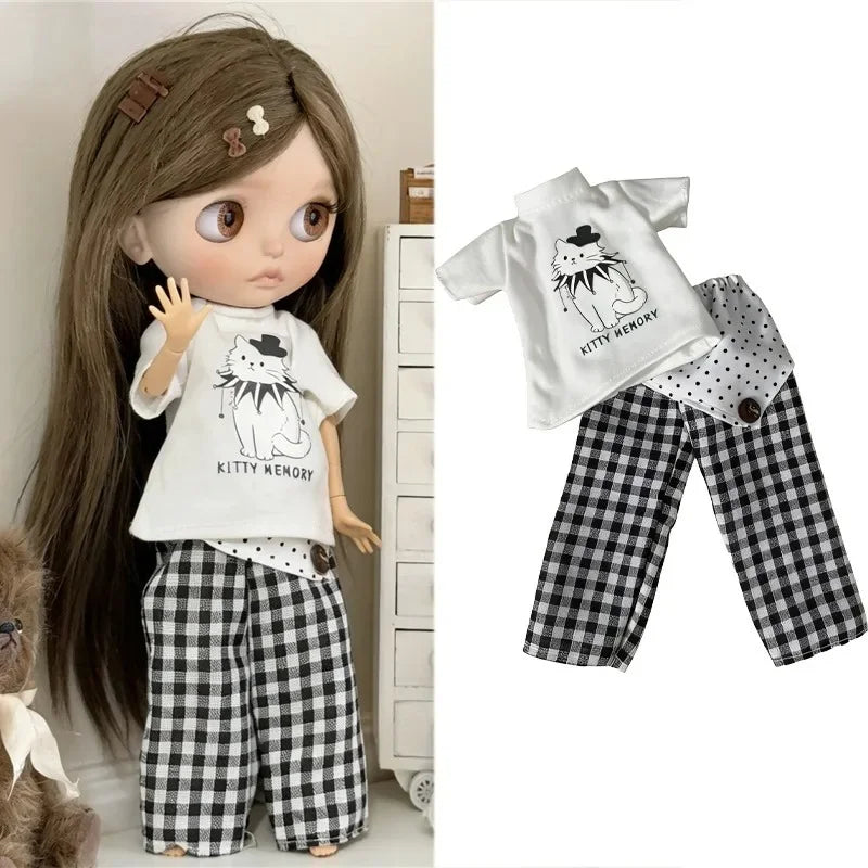 For Blythe Doll Outfit Clothing Princess Lace Maid Skirt Set Cute Plaid Pants Vintage Dress Clothes OB24 OB22 1/6 Accessories