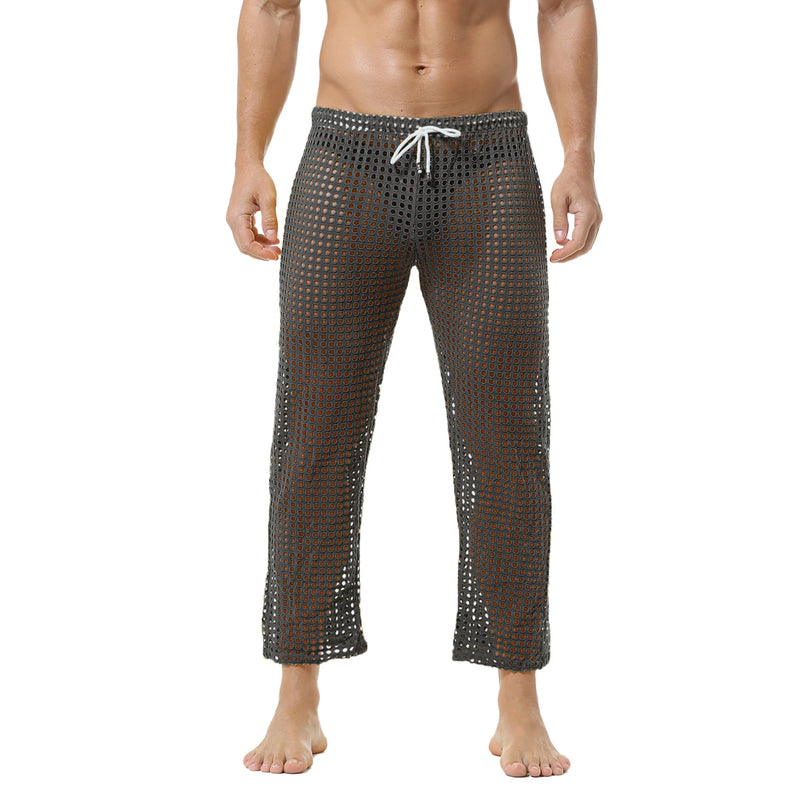 Men's Fishnet Hollow Out Robes Classic Lounge Pants Sexy Sleepwear Mens Robe Sets Daily Home Sleeveless Bathrobes Hooded Pajamas