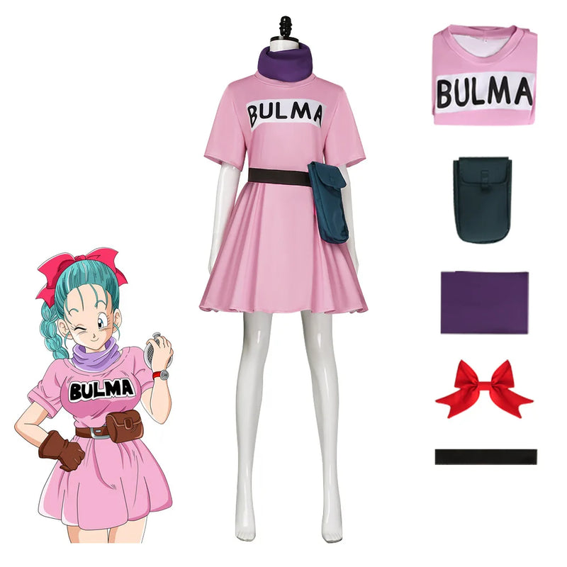 Anime Bulma Cosplay Costume Pink Dress Uniform Kawaii Girls Purple Scarf Belt Bag Costume Girls Full Set Party for Women