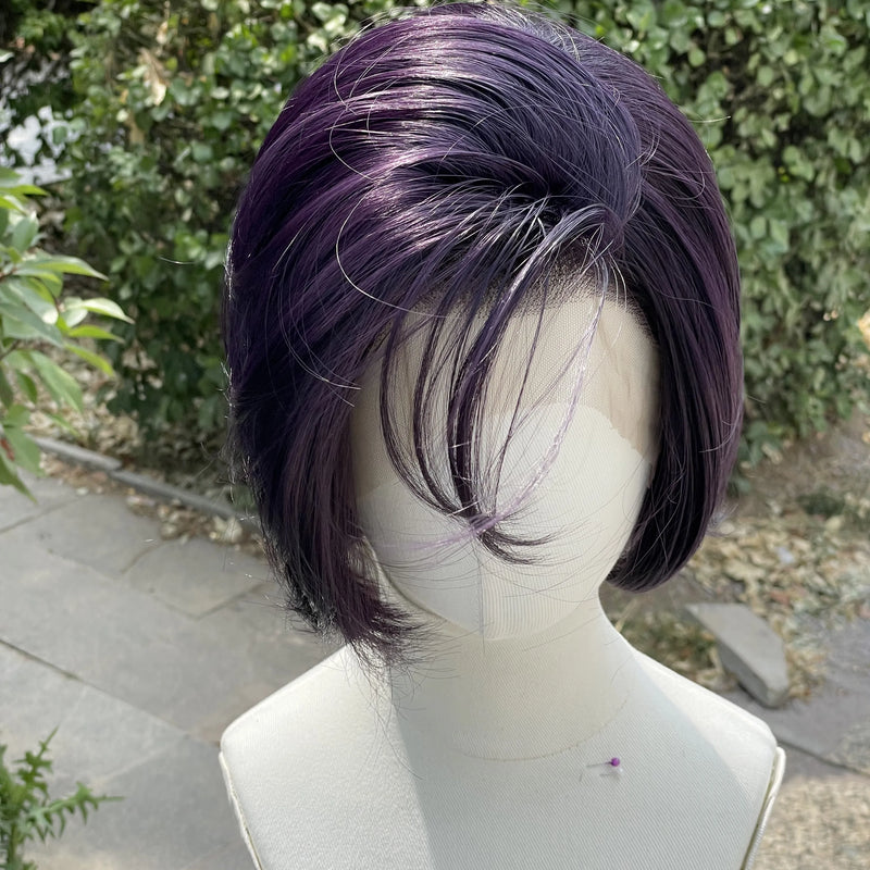 Dark Purple Cosplay Wigs Lace Front 8 Inch Short Bob Cut 13x4 Synthetic Lace Front Wigs for Men Women Heat Resistant Half Hand