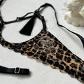 Womens Leopard Lingerie Set Tassel Detail Halter Neck Cut Out Design Sexy Back Open Brief Alluring Two Piece Set