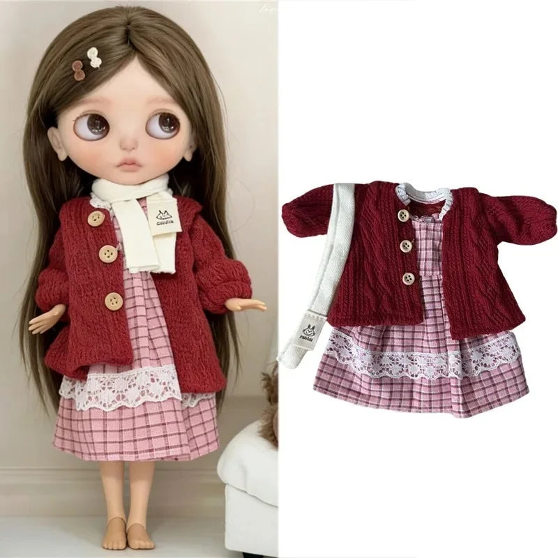 For Blythe Doll Outfit Clothing Princess Lace Maid Skirt Set Cute Plaid Pants Vintage Dress Clothes OB24 OB22 1/6 Accessories