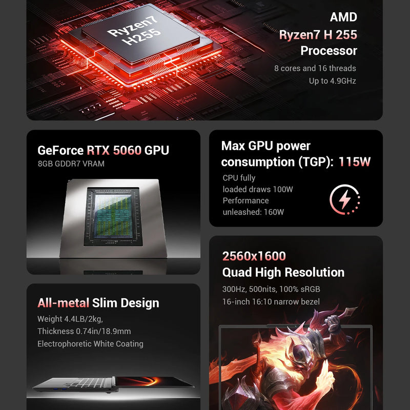 FIREBAT Huan 16 Pro AMD Ryzen 7 H 255 RTX 5060 DDR5 16GB RAM 512GB SSD WiFi6 BT5.3 16inch 2.5K 240Hz Screen gaming laptop