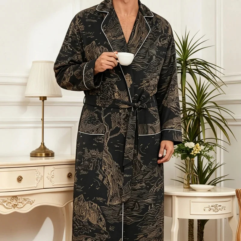 Men's Landscape Print Rayon Bathrobe Kimono Style with Belt Pockets Soft Breathable Loungewear for Home