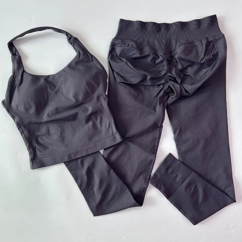 1-2pcs Gym Set Women Backless Tank Tops High Waist Scrunch Seamless Shorts High Waist Yoga Leggings Workout Sets Gym Suit