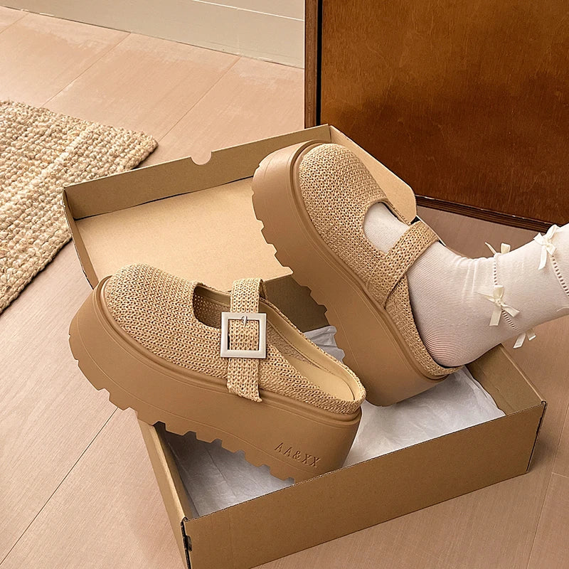 Women Platform Mules Closed Toe Buckle Strap Slip On Clogs 2026 Summer Linen Canvas Casual Wedge Sandals for Daily Outdoor Wear