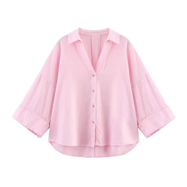 HipSeam Wide Sleeved Shirt Women Spring Asymmetric Hem Button Women's Shirts Simple Lady Johnny Collar Shirts & Blouses
