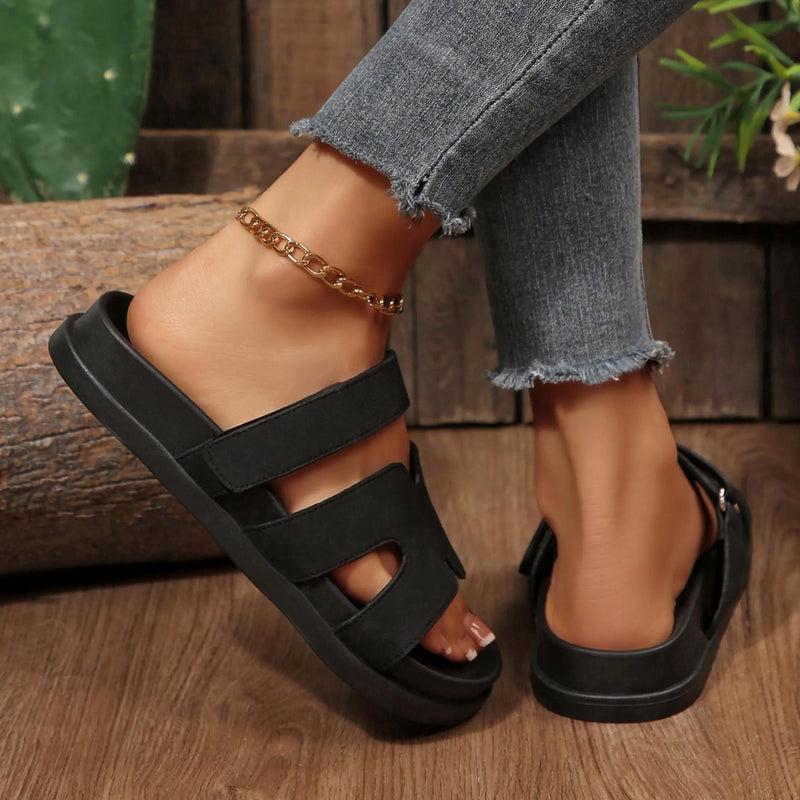 Women's Flat Sandals H Shape Double Strap Platform Slide Sandals Casual Slip On Flat Slippers Daily Casual Shoes