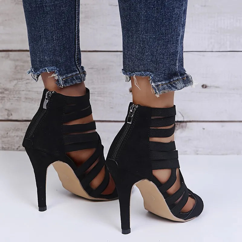 Women's Sandals Elastic Band Cross High Heels Sexy Peep Toe Pumps Summer New Back Zipper Sandals Black Pointed Toe Women Shoes