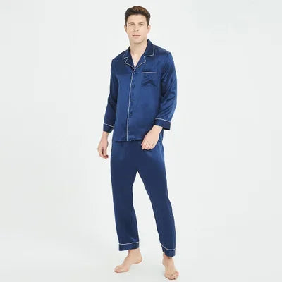 100% silk long-sleeved Sleepwear New silk pajamas for men  spring summer   long Full sleeve two-piece Blue Solid L XL XXL