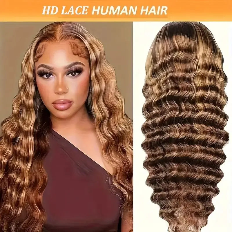 Honey Blonde Ombre Highlight Body Wave Lace Front Human Hair Wigs Pre Plucked Glueless Straight Deep Wave Frontal Wigs For Woman On Clearance Sale