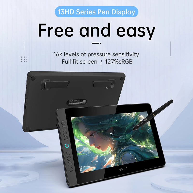 BOSTO BT-13HDK Portable Graphics Drawing Tablet 13.3 Inch H-IPS LED Screen Display Digital Art Drawing Pad 16K Pressure Level