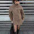 Vintage Suede Two Piece Set Stand Collar High Neck Zip Up Cropped Jacket High Waist Mini Skirt Women 2026 Autumn Retro Chic Suit
