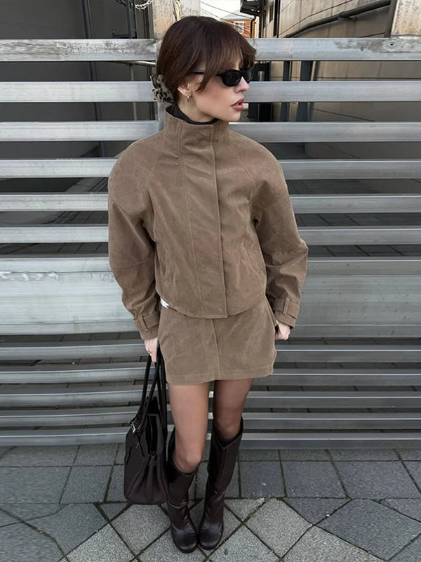 Vintage Suede Two Piece Set Stand Collar High Neck Zip Up Cropped Jacket High Waist Mini Skirt Women 2026 Autumn Retro Chic Suit