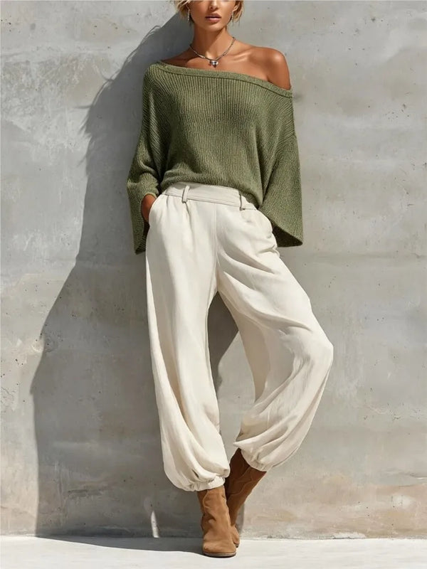 Fashionable Off-shoulder Top And Casual Trousers Two-piece Suit 2026 Autumn And Winter New Solid Color Slope Collar Women's Suit