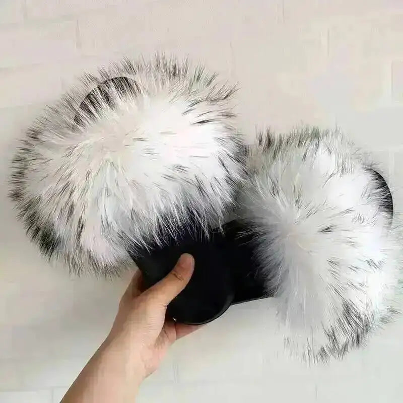 Women Real Raccoon Fur Slides Fluffy Luxury Furry Open Toe Slippers Indoor Outdoor Summer Sandals Non Slip Soft Comfy Sole Cozy