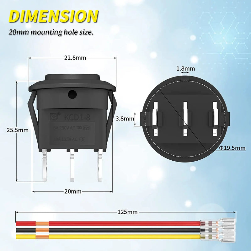 DaierTek 5PCS Round KCD1 Rocker Switch 12V 3 Pin 3 Position ON Off ON 10A/125V DC SPDT Circle Toggle with - Visuel 2 | SAMAG
