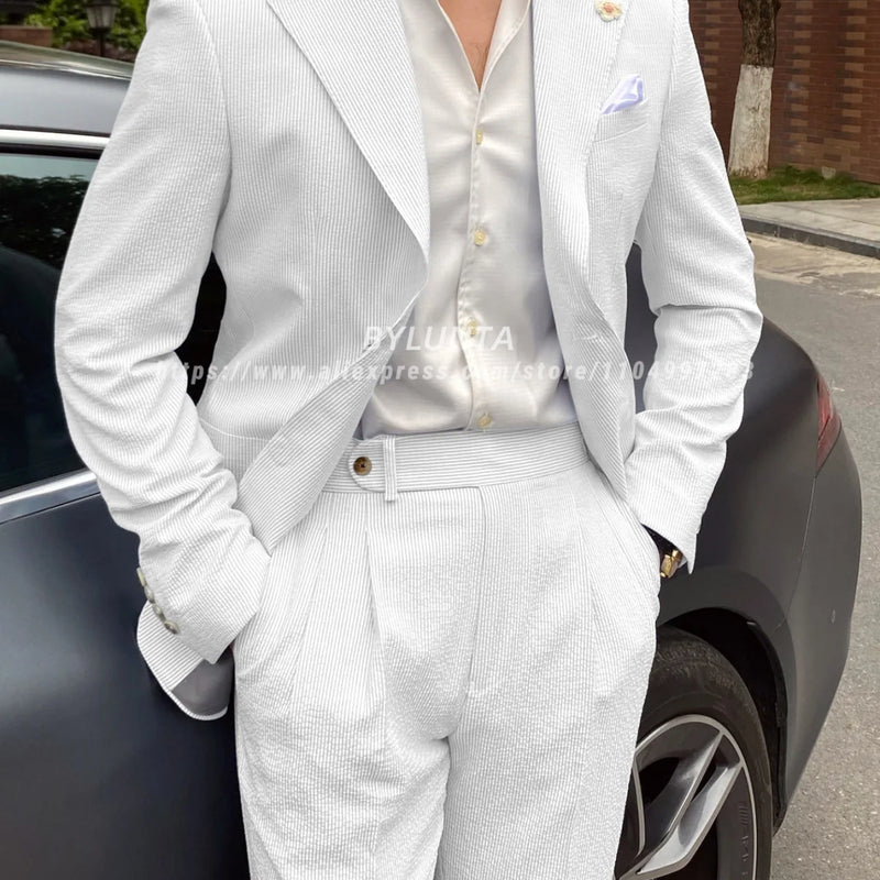 BYLUNTA Mens Suit 2 Piece Slim Fit Stripe Suits Tuxedo Blazer Jackets Pants Set Summer Beach Wedding Outfit for Mennt)