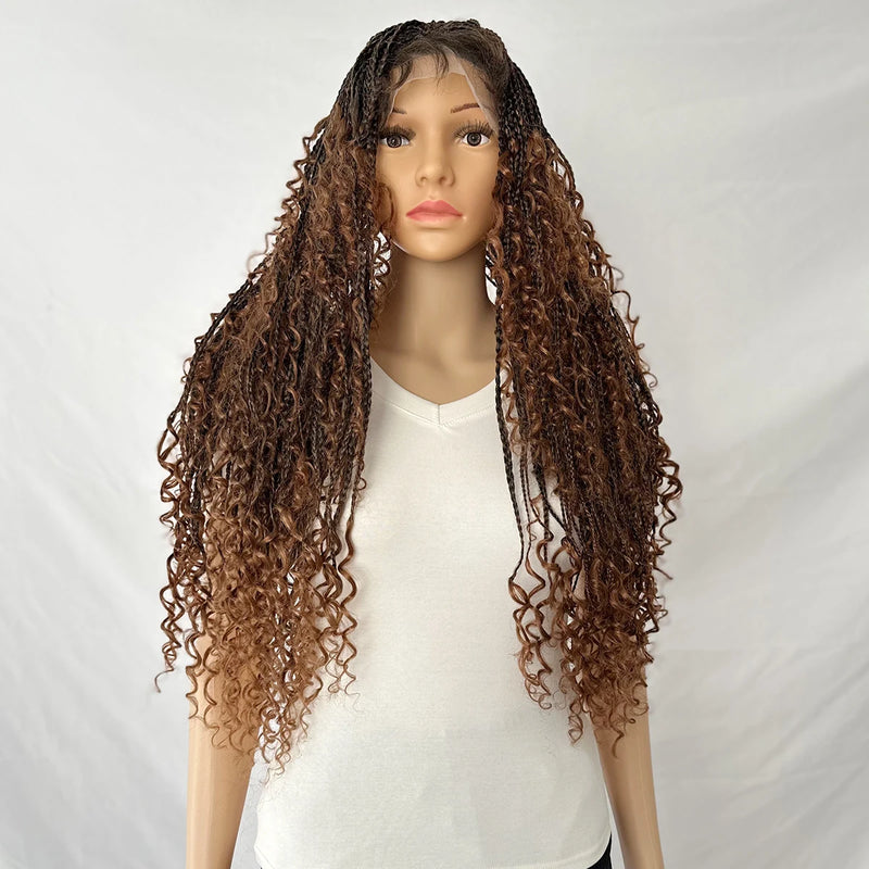 32 Inch Knotless Full Lace Boho Box Braid Synthetic Wig for Women Braided Wigs with Bohemian Curly Ended Double Full Lace