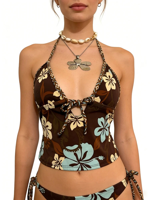 Women Y2K Tropical Floral Tankini Set, Halter Tie Front | SAMAG