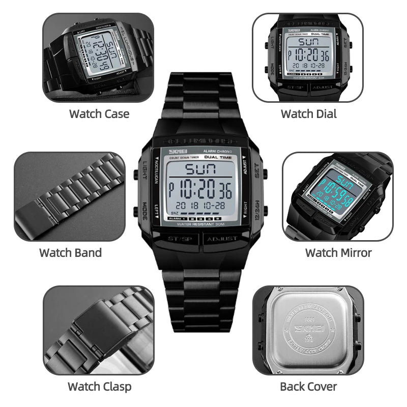 Skmei Men's Digital Sport's Watches Stainless Steel Strap 5 Alarm Clock Waterproof Led Chronograph Fashion Male Dual Time