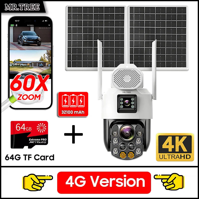 4G SIM Solar Camera AOV 24 Hours Record Built-in 31200 MAh Battery Outdoor Surveillance 60X Zoom Cam Auto Track 25W Solar Panel