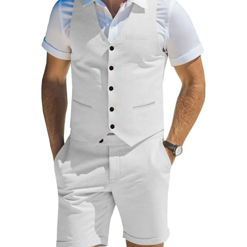 Men's Suit Linen 2 Piece Vests Short Pants Suits for Men Casual Summer Beach Groomsmen Wedding Waistcoat Set