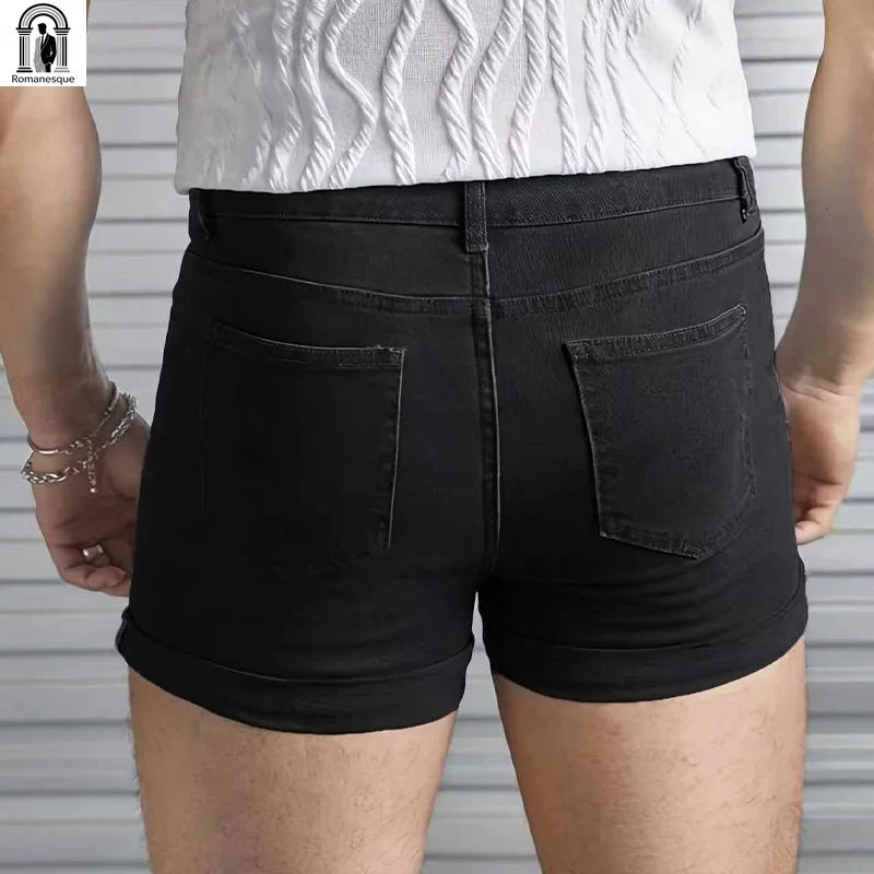 Men's Sexy Slim Fit White Denim Shorts, Rolled Cuff | SAMAG