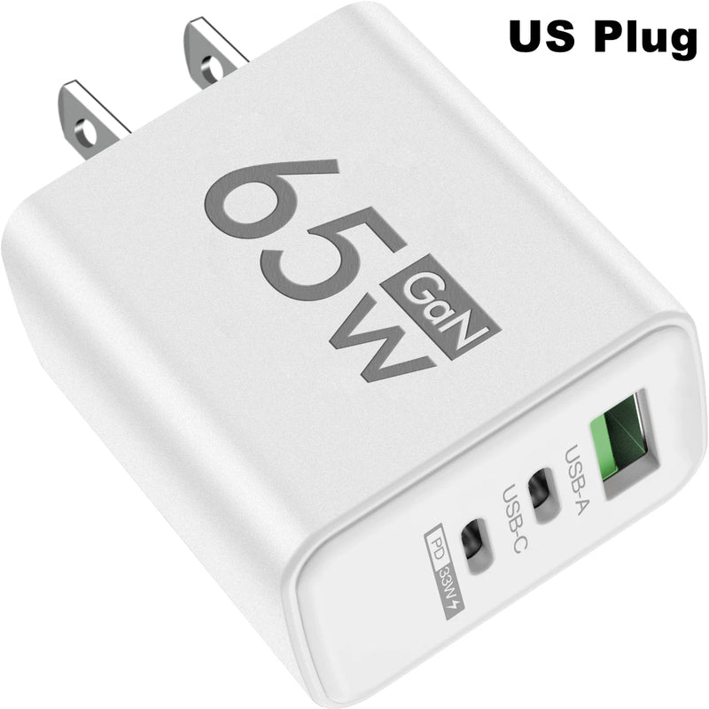 65W USB C GaN Charger 3 Ports Fast Charging Adapter 10A USB To Type C Data Cable PD USB QC3.0 Chargers for iPhone Samsung Xiaomi