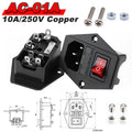 IEC 320 C13 C14 AC Inlet Power Plug Socket 250V 10A Fuse Red Lamp Rocker Switch Rewirable 3Pin Electrical Male Female Connector