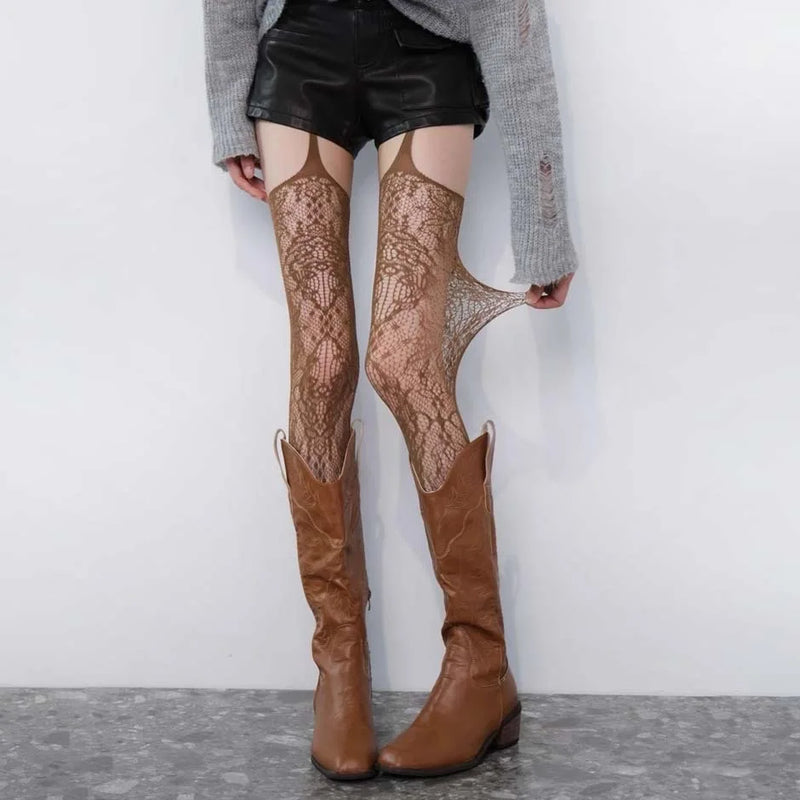 2025 New Sexy Lace Garter Belt Stocking Floral Pattern Thigh Highs Y2K Over Knee Sock Mesh Pantyhose for Women Lingerie Leggings