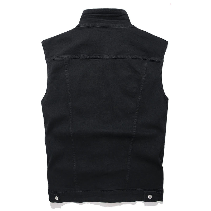 Men Classic Black Denim Vest Pure Color All Match Sleeveless Waistcoat Cotton Cargo Tank Top