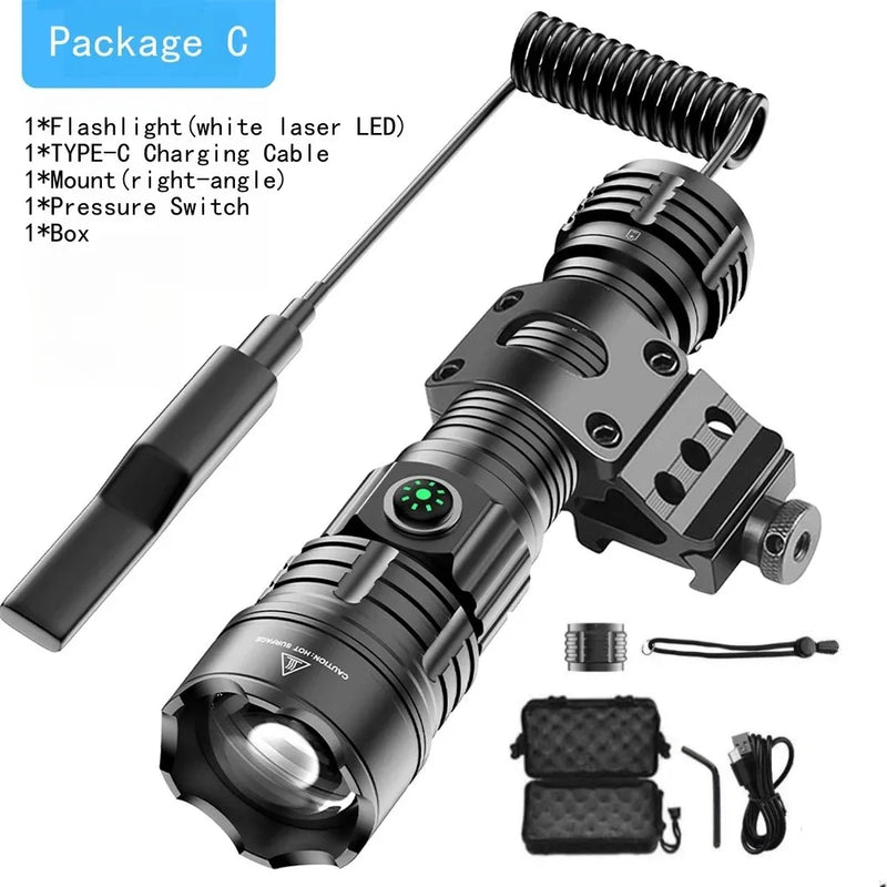 LED Flashlight Tactical Night Scout Hunting Lights Set Long-Shot Powerful Type-C Rechargeable Outdoor Waterproof Torch