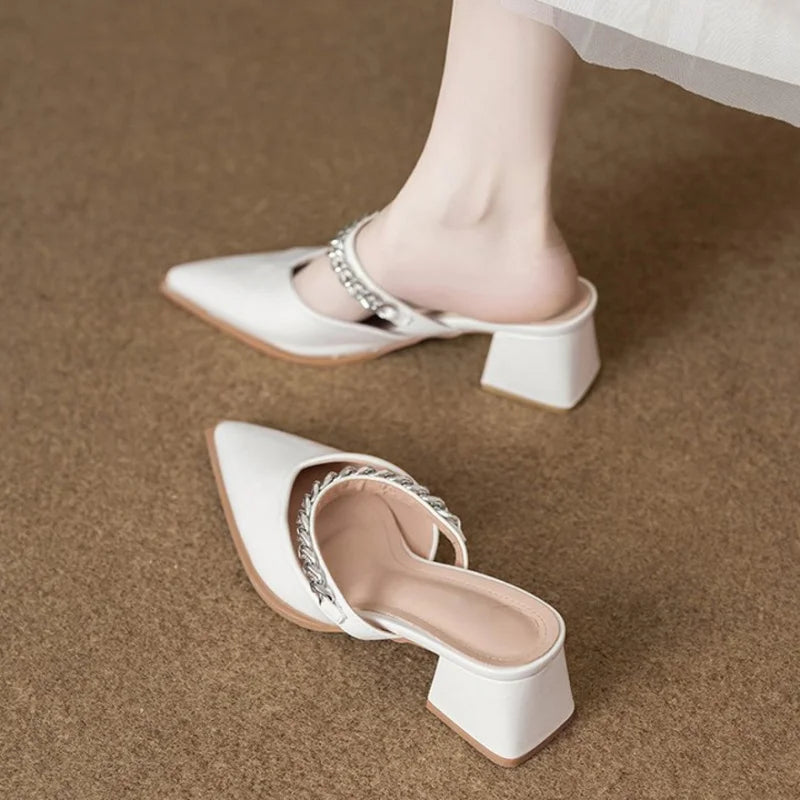 Slip-on Pointed-toe Chunky Heel Mules Casual Fashion Style Multi-colored Metal Chain