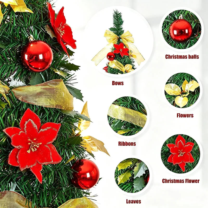 Pre-Decorated Christmas Tree Red Baubles Golden Ribbons Poinsettia Flowers Easy Assembly Xmas Pine Tree for Home Holiday Decor