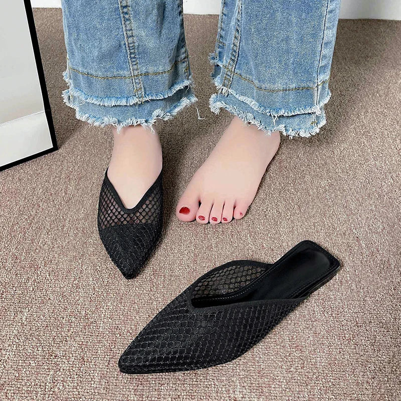 2026 Summer New Fashionable Pointed Toe Half Slippers Women Women's Mesh Hollow Slippers Outdoor Leisure Shoes Plus Size 35-42