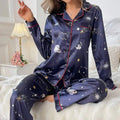 Cute Cat Print Pajama for Women Satin Long Sleeve Lapel | SAMAG