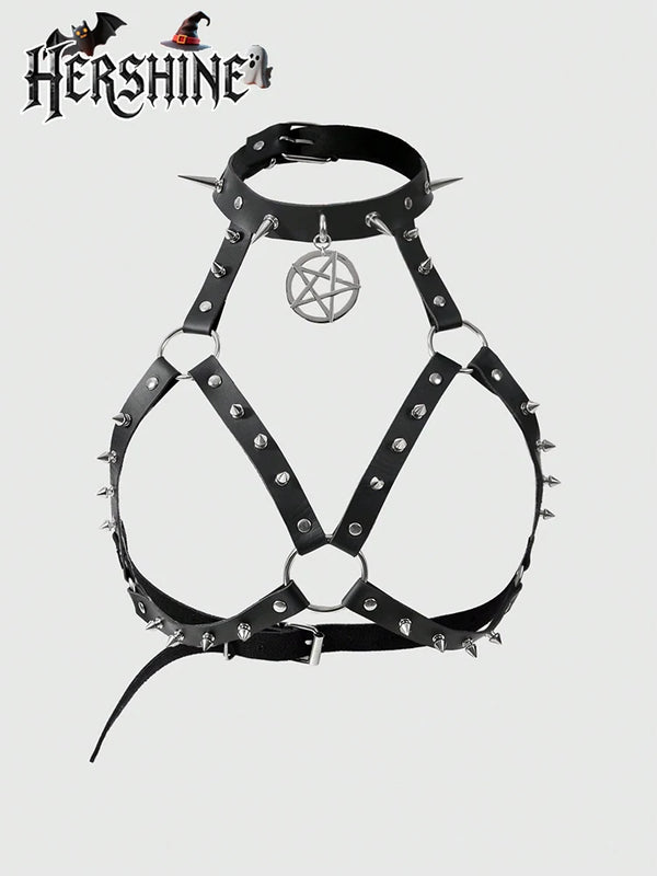 HERSHINE 1 piece women's black pointed nail pentagram hanging neck wrapped chest strap Y2K dark style Halloween accessory