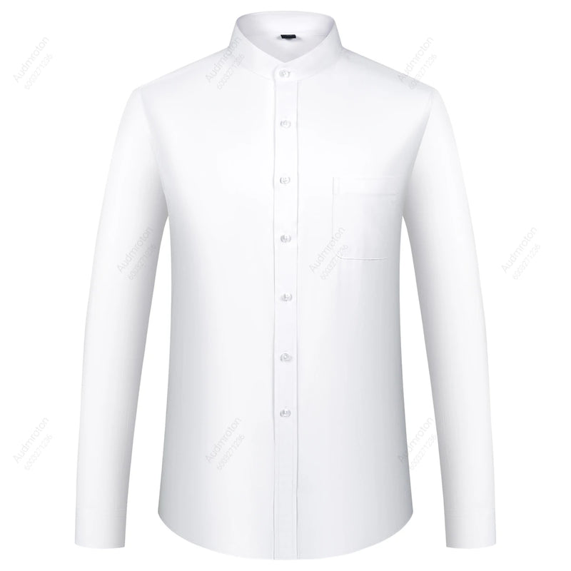Men's Banded Collar Dress Shirts Long Sleeve Button Down Mandarin Versatile Solid with Pocket - View 10 | SAMAG