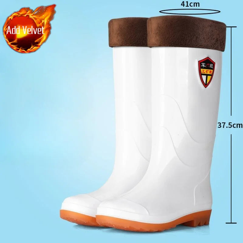 Men White Rain Boots Knee High Mid Calf Rubber Waterproof Winter Warm Outdoor Garden Fishing Work Shoes