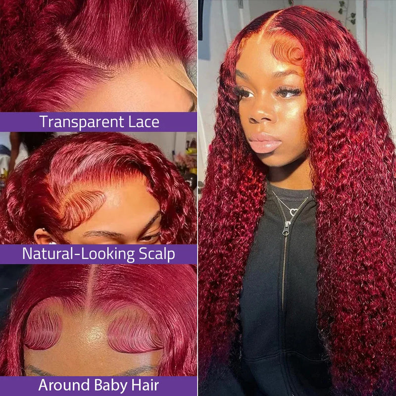 30 38 40 Inch 99J Burgundy Deep Wave Human Hair Wig 13x6 HD Transparent Lace Frontal Wig 200 Density Colored Human Hair Wig Pre Plucked For Women