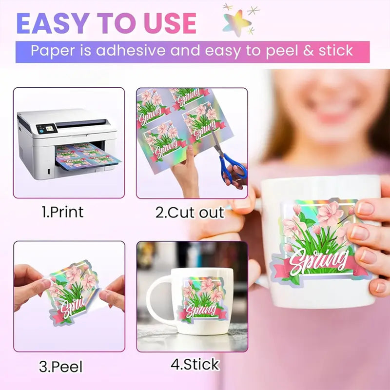 20/40Pcs A4 Holographic Rainbow Vinyl Sticker Paper for Inkjet & Laser Printers Self-Adhesive Waterproof Holographic Label Paper